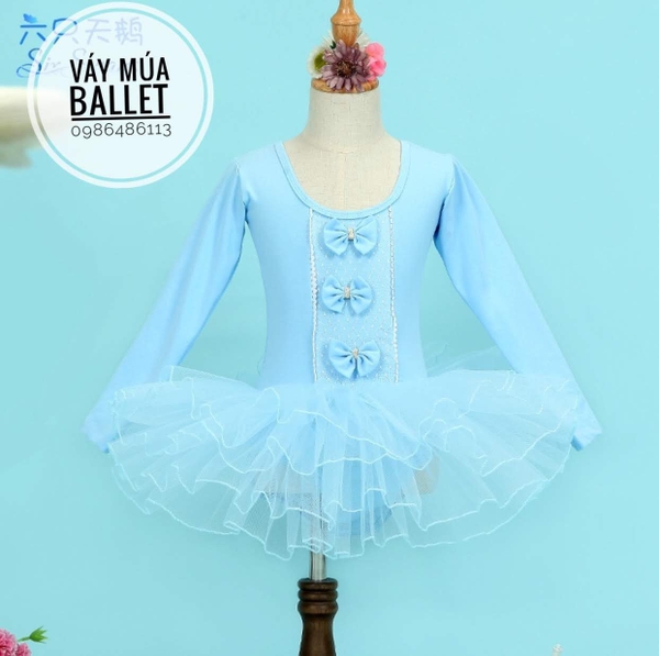 Váy múa 3 nơ dài tay màu xanh