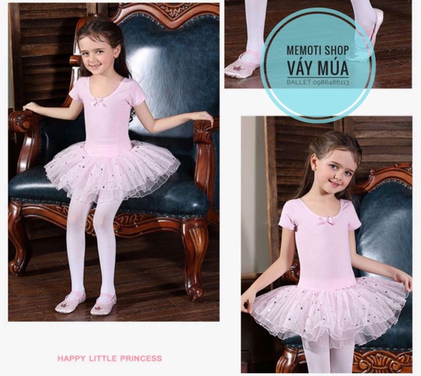 Váy múa nơ sao hoa lấp lánh tay ngắn