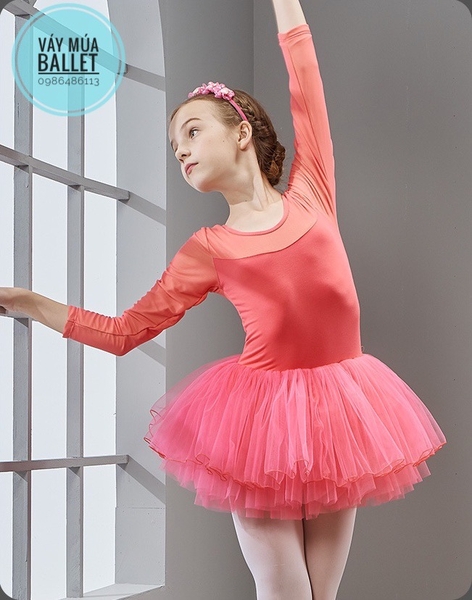 Váy múa phối voan dài tay (hồng, xanh, tím)