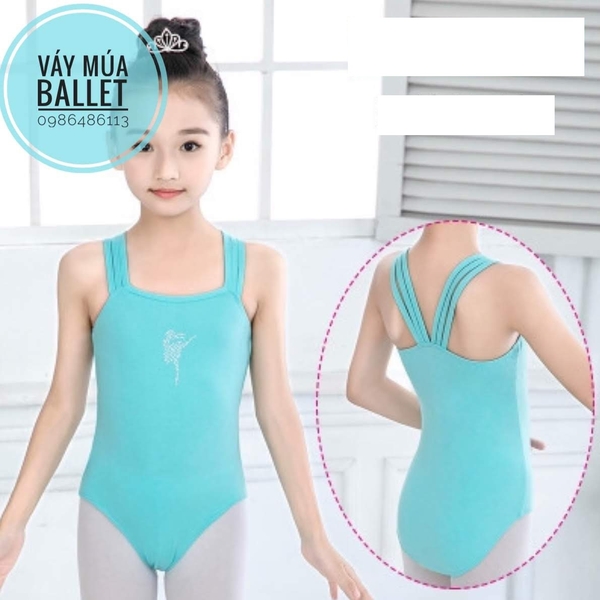 Set áo váy múa 2 dây kép xanh phối trắng