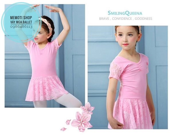 Váy tập múa ren ngắn tay (trắng, hồng)