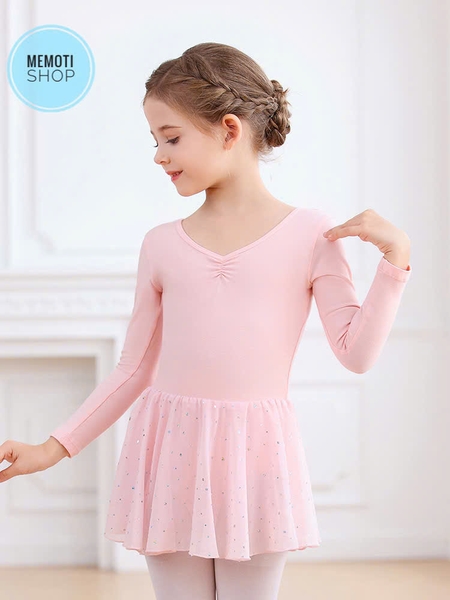 Váy tập múa nơ lưng sao dài tay (hồng, xanh, tím)