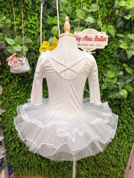 Váy múa ren cổ tay lỡ màu trắng, hồng