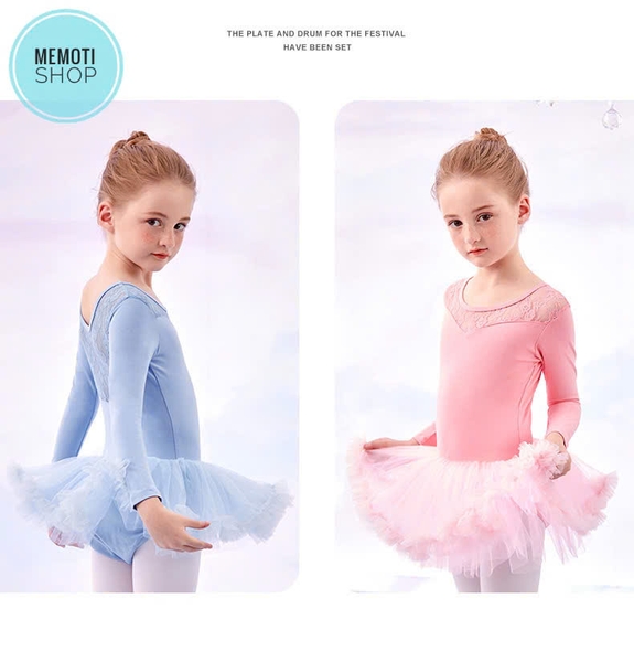 Váy múa phối ren tutu dài tay hồng phấn