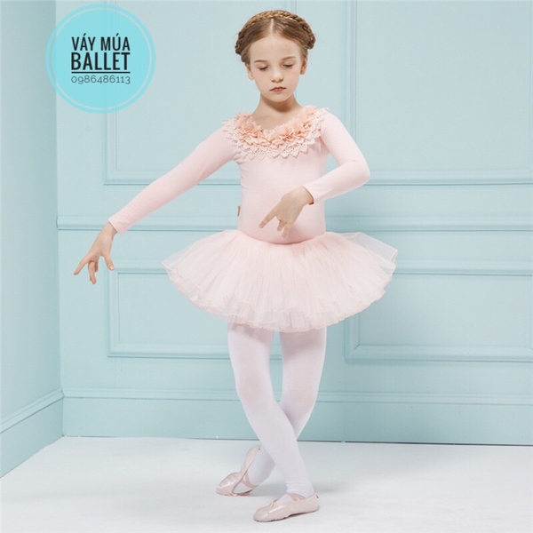 Váy múa cổ hoa ngọc dài tay (hồng, trắng, tím)