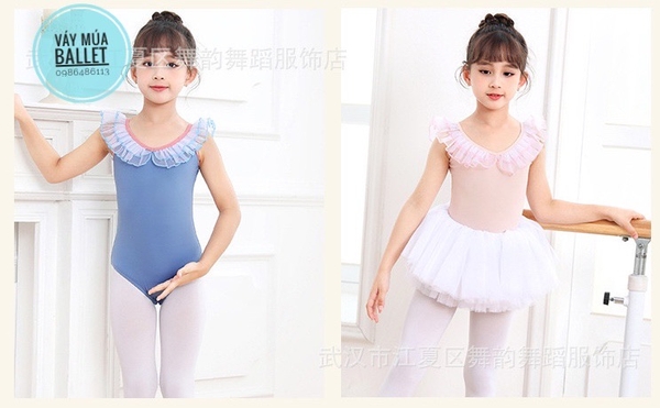 Áo tập múa viền bèo cổ (ko chân váy) xanh, hồng