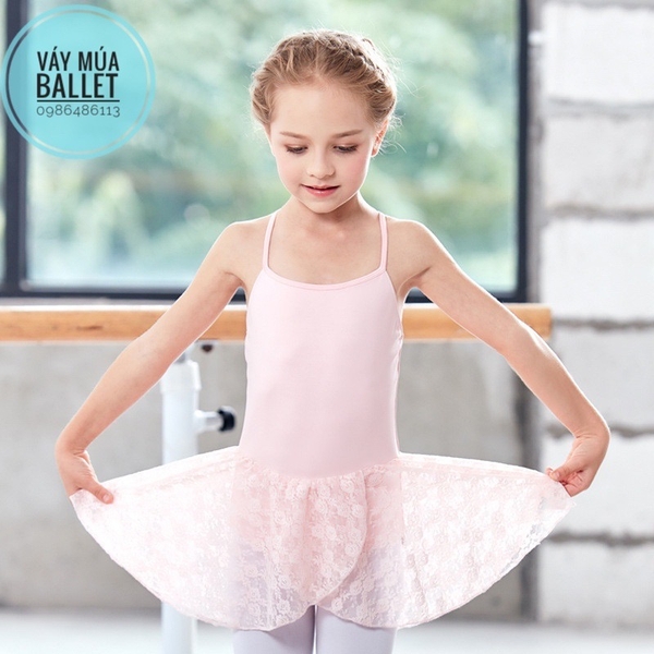 Váy tập múa 2 dây phối ren chéo (hồng, đen)