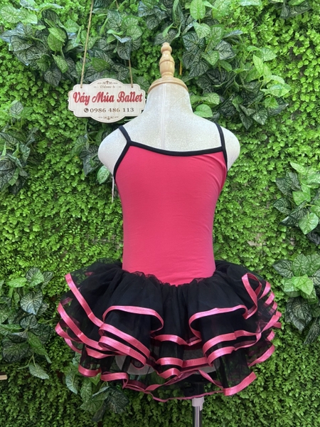Váy múa 2 dây hồng phối đen hoa ren
