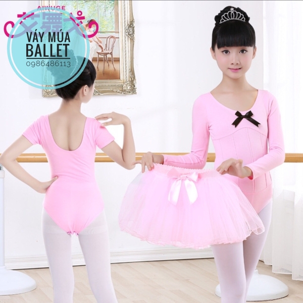 Set áo váy múa gân nơ đen dài tay