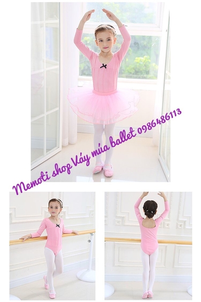 Set váy múa gân nơ đen dài tay (tím, hồng, xanh)