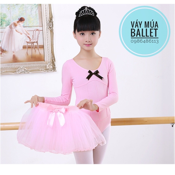 Set áo váy múa gân nơ đen dài tay