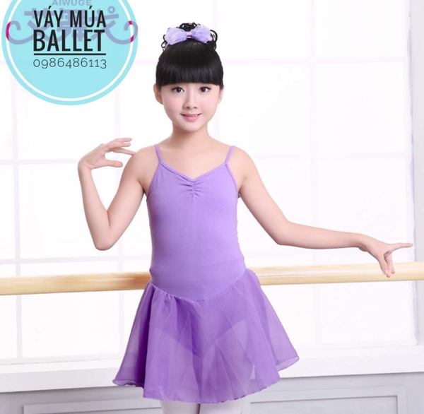 Váy tập múa cotton phối voan 2 dây màu tím