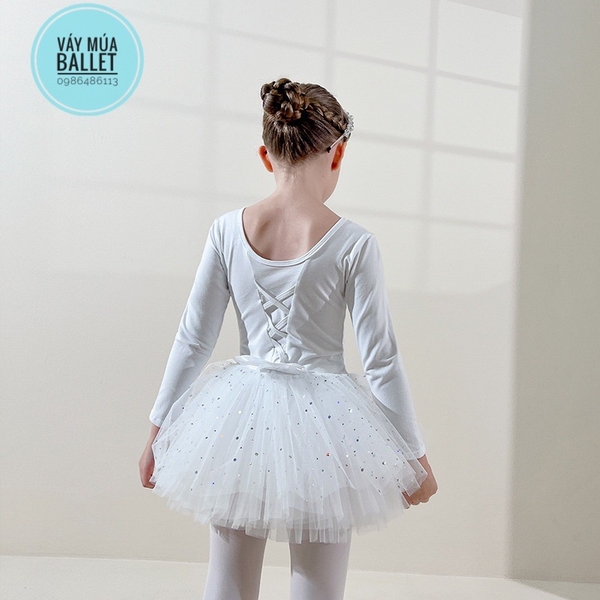 Váy múa đan lưng sao dài trắng