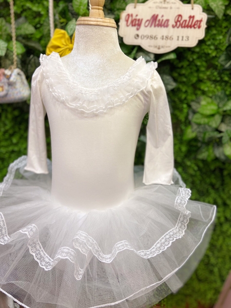 Váy múa ren cổ tay lỡ màu trắng, hồng