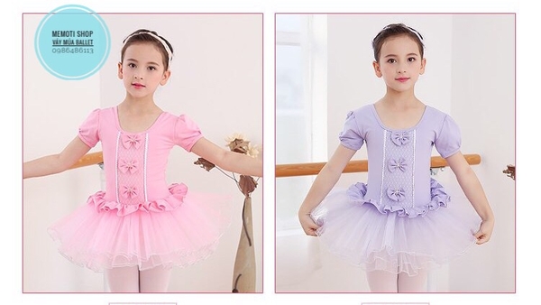 Váy múa ba nơ ngắn tay (tím, hồng)