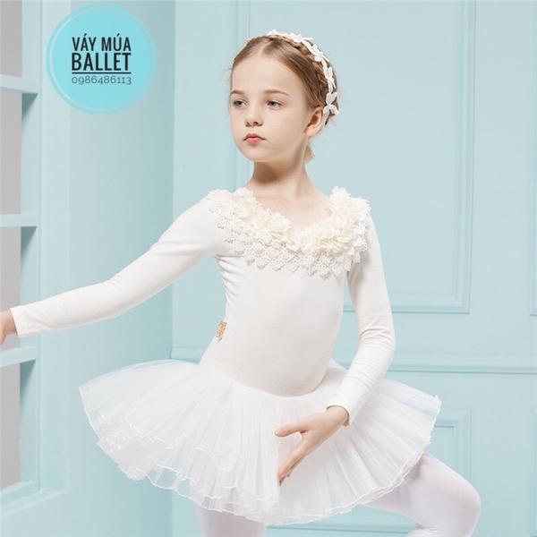 Váy múa cổ hoa ngọc dài tay (hồng, trắng, tím)