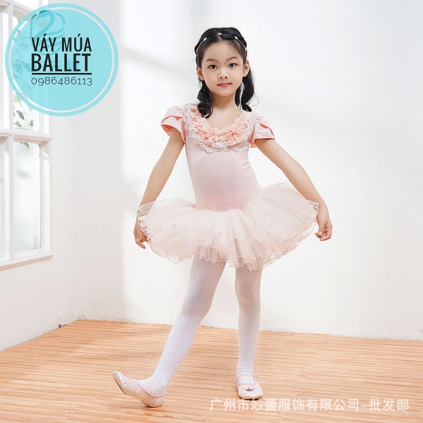 Váy múa hoa cổ ren ngọc (hồng, trắng)