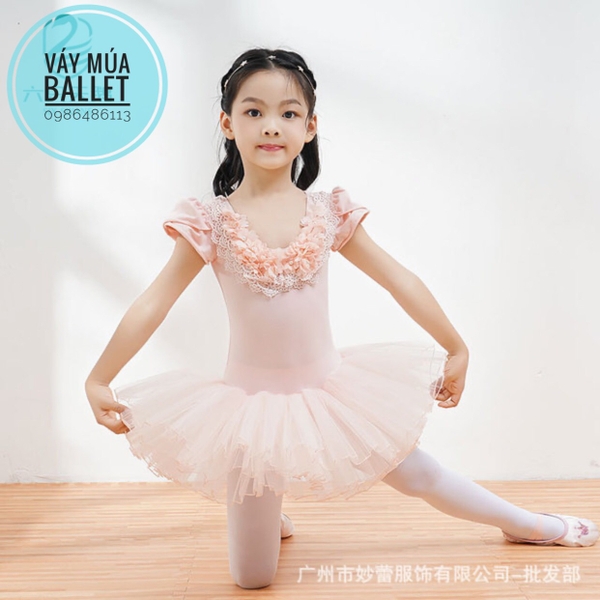 Váy múa hoa cổ ren ngọc (hồng, trắng)
