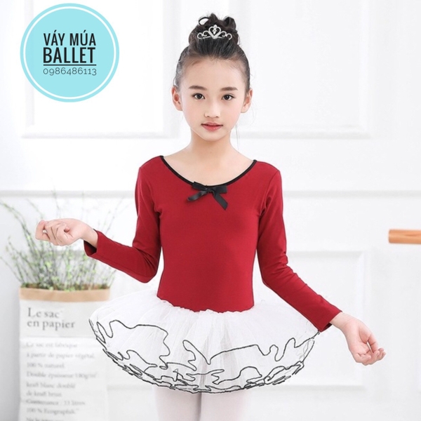 Set Váy múa phối viền đen dài tay màu hồng, đỏ đô