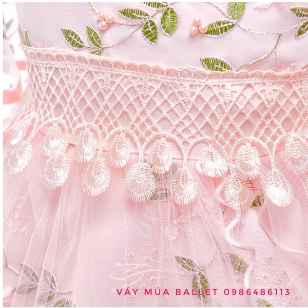 Váy công chúa ren 3D tay loe lỡ màu hồng, ghi