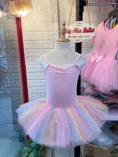 Váy múa 2 dây nơ lưng cầu vồng (vàng, hồng)