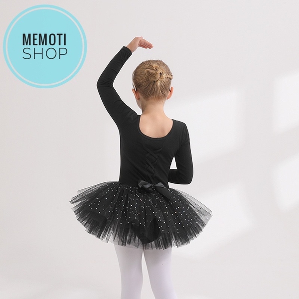 Váy múa đan lưng sao dài tay đen