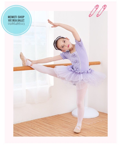 Váy múa ba nơ ngắn tay (tím, hồng)