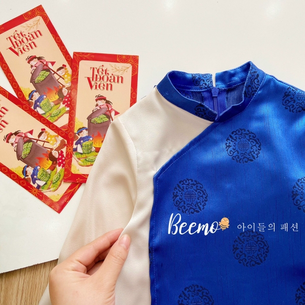 Bộ áo dài lụa đồng xu bé trai Beemo