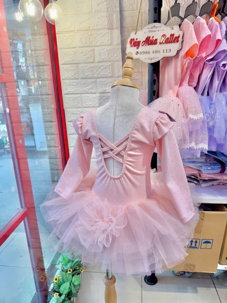Váy múa tiên dài tay cotton đá hoa bồng