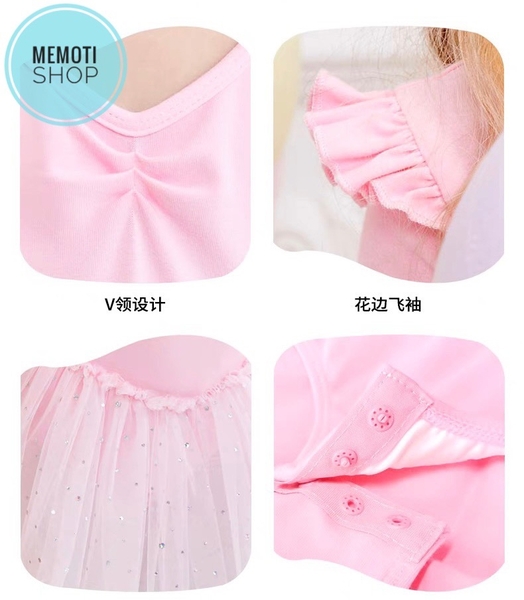 Váy múa bèo vai eo sao tay ngắn (tím, hồng)