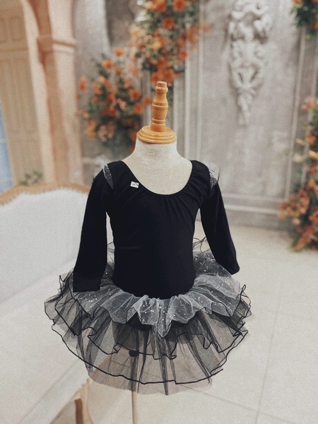 Váy múa tiên dài tay nhũ đen