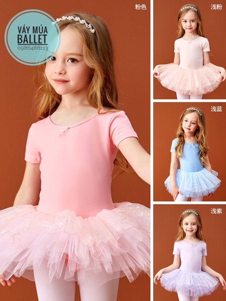 Váy múa đan lưng lấp lánh tay ngắn (tím, xanh, hồng)