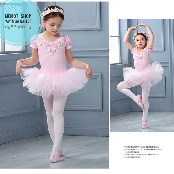 Váy múa cổ hoa hồng tay búp xẻ (hồng, kem nude)