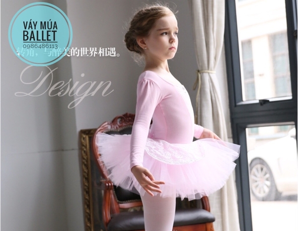 Váy múa ren chéo bèo dài tay màu hồng, xanh, tím, nâu