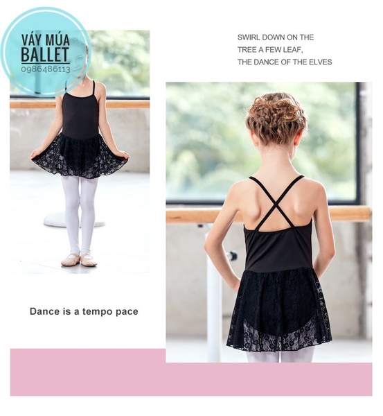 Váy tập múa 2 dây phối ren chéo (hồng, đen)