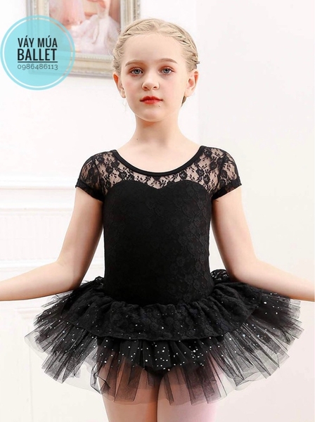 Váy múa phối ren bèo sao tay ngắn (hồng, tím, đen)