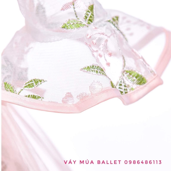 Váy công chúa ren 3D tay loe lỡ màu hồng, ghi