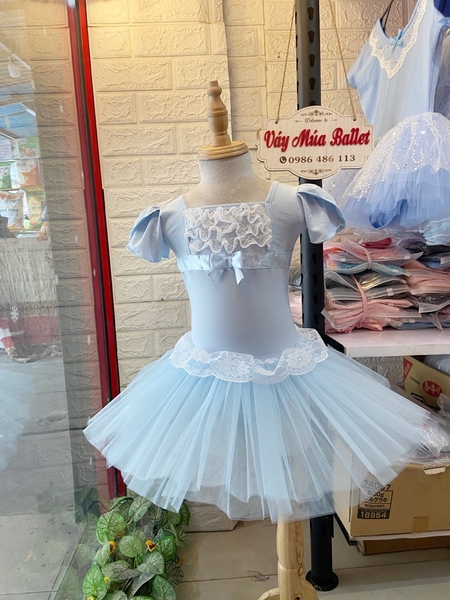 Váy múa phối ren ngực bèo tay búp (hồng, xanh, vàng)