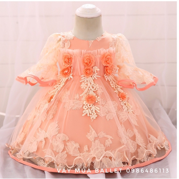 Váy công chúa hoa ngực 3D tay loe lỡ màu hồng, cam, tím