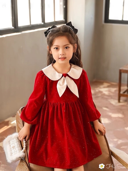 Váy nhung kim tuyến phối cổ trắng s110