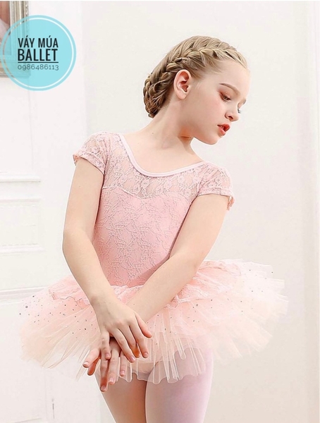 Váy múa phối ren bèo sao tay ngắn (hồng, tím, đen)