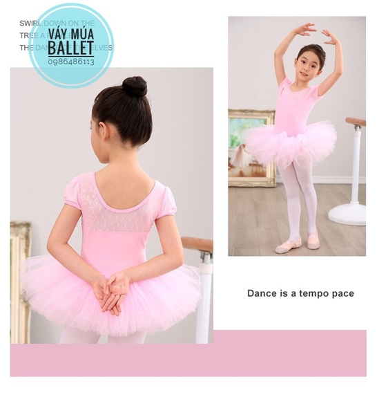 Váy múa phối von tay bồng (xanh, hồng, nude)