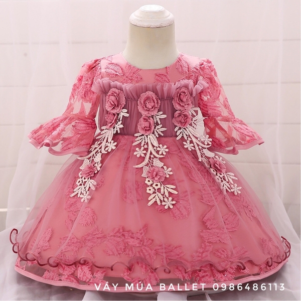 Váy công chúa hoa ngực 3D tay loe lỡ màu hồng, cam, tím