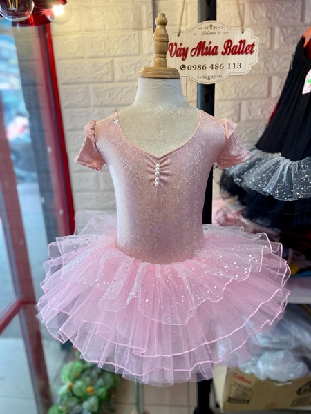 Váy múa tay tiên ngắn thun lấp lánh hồng