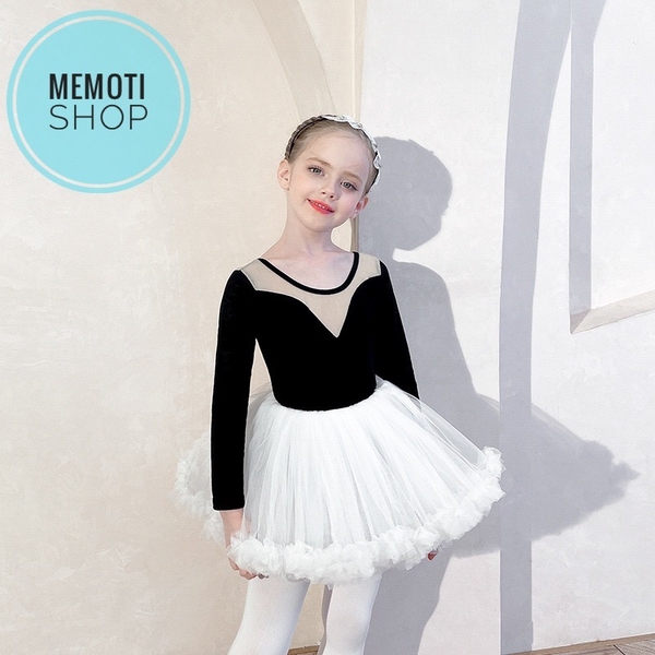 Set áo váy múa V lưng tutu dài tay (đen, ghi)