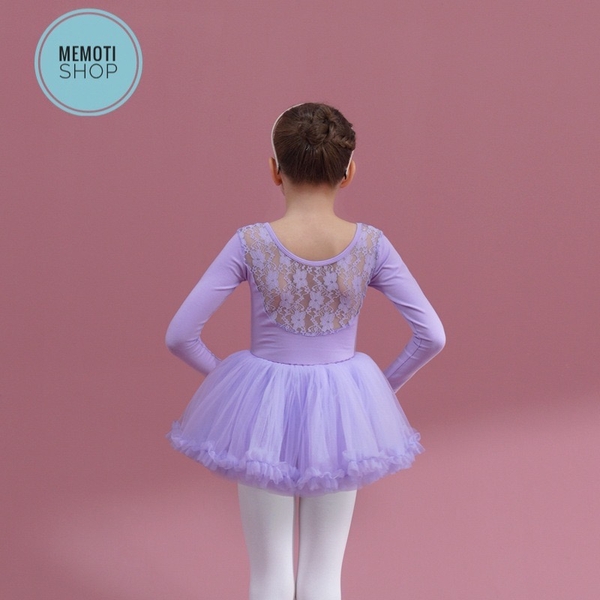 Set áo váy múa phối ren tutu dài tay (tím, hồng)