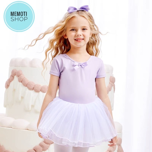 Váy múa đan lưng nơ tay ngắn (tím, xanh)