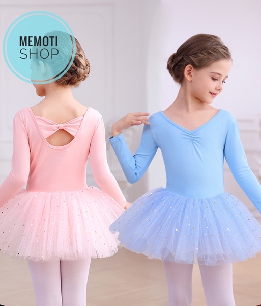 Váy múa nơ lưng sao dài tay (hồng, xanh, tím)