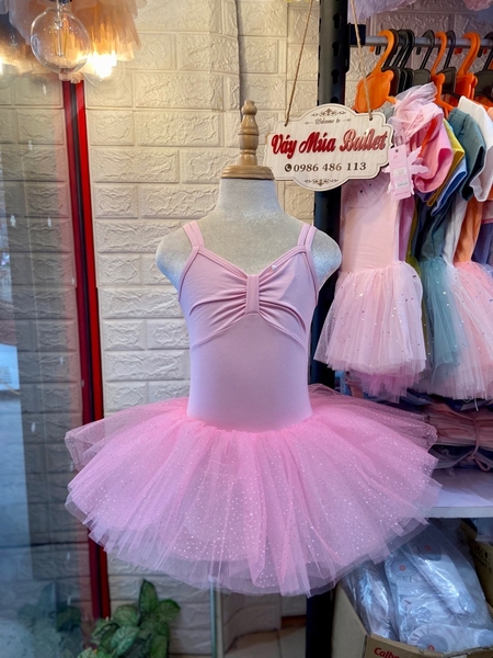 Váy múa dây nơ đáp ngực hồng lấp lánh