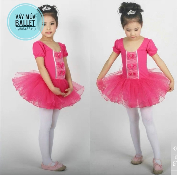 Váy múa ba nơ tay ngắn hồng đậm